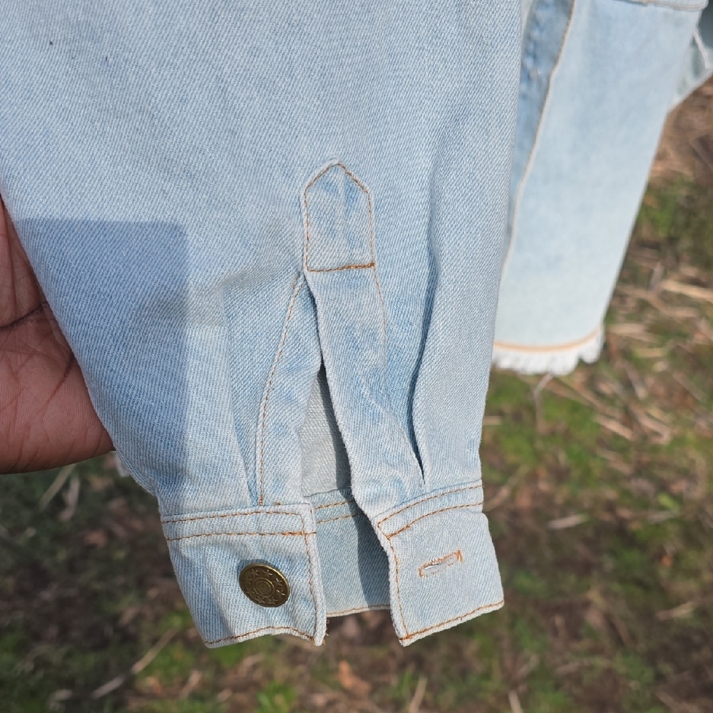 Two-Tone Distressed Denim Jacket - Light Blue/Washed Gray - Picture 3 of 4